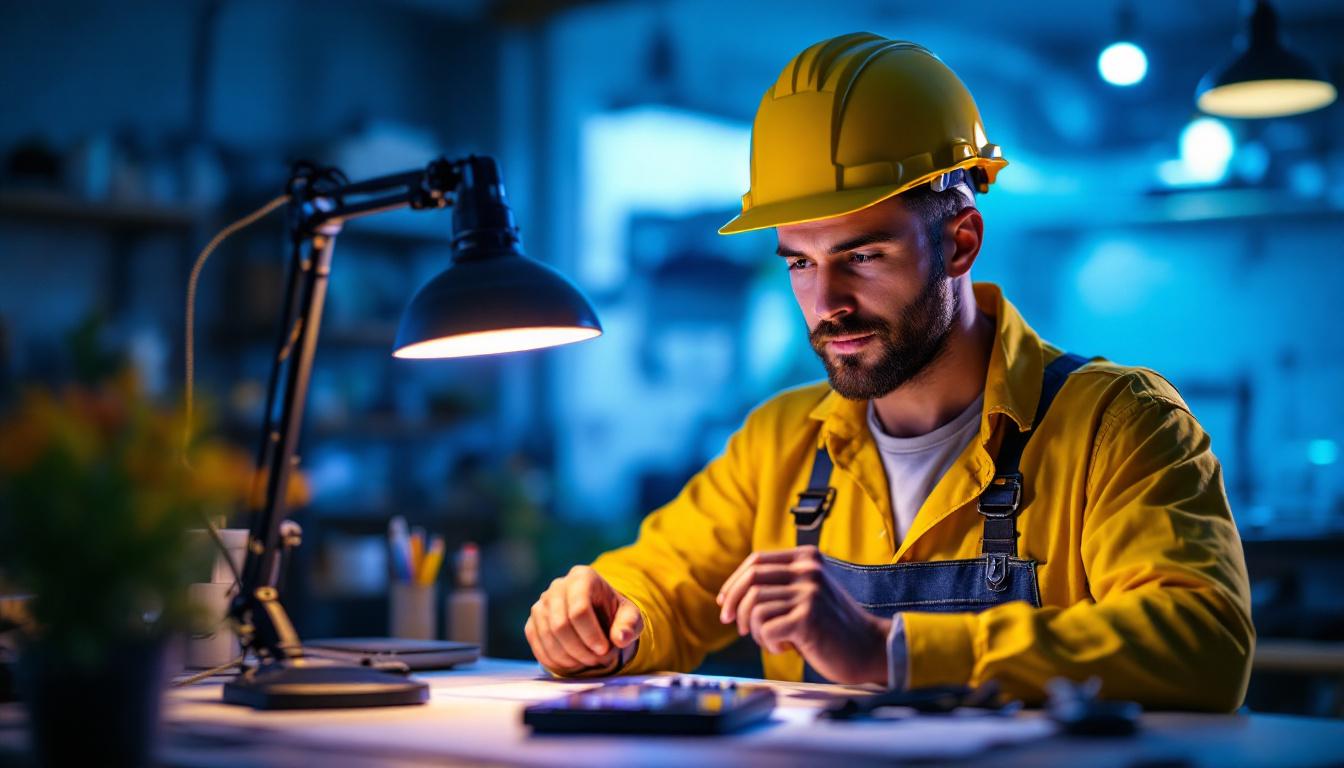 A photograph of a lighting contractor demonstrating the use of a uv light lamp in a workspace