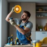 A photograph of a lighting contractor installing a recessed light adapter in a modern home setting