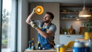 A photograph of a lighting contractor installing a recessed light adapter in a modern home setting
