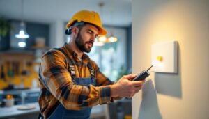 A photograph of a lighting contractor installing an occupancy sensor light switch in a modern residential setting