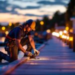A photograph of a lighting contractor installing or showcasing dock led lights in a serene waterfront setting