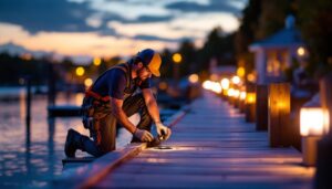 A photograph of a lighting contractor installing or showcasing dock led lights in a serene waterfront setting