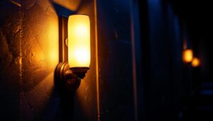 A photograph of a beautifully designed movie theater sconce illuminated in a dimly lit theater setting