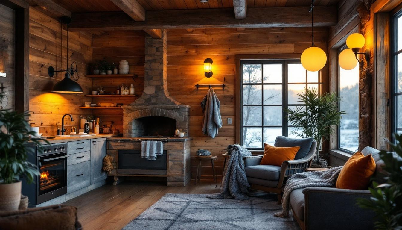 A photograph of a beautifully designed rustic cabin interior featuring warm