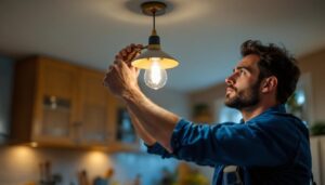 A photograph of a lighting contractor skillfully installing a stylish kitchen ceiling lamp
