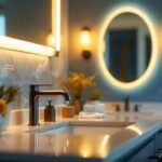 A photograph of a beautifully lit bathroom vanity showcasing stylish fixtures and warm lighting