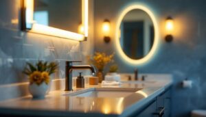 A photograph of a beautifully lit bathroom vanity showcasing stylish fixtures and warm lighting