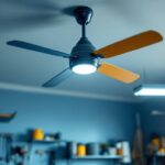 A photograph of a well-lit garage featuring a stylish ceiling fan in operation