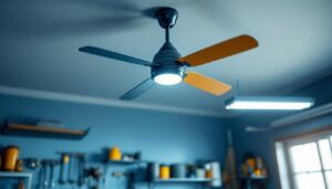A photograph of a well-lit garage featuring a stylish ceiling fan in operation