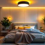A photograph of a beautifully designed bedroom featuring a stylish flush mount light fixture