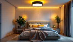 A photograph of a beautifully designed bedroom featuring a stylish flush mount light fixture
