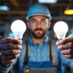 A photograph of a lighting contractor comparing two different light bulbs labeled 4000k and 6300k