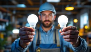 A photograph of a lighting contractor comparing two different light bulbs labeled 4000k and 6300k