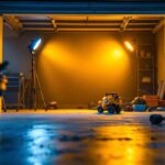 A photograph of a well-lit garage showcasing a lighting contractor installing bright
