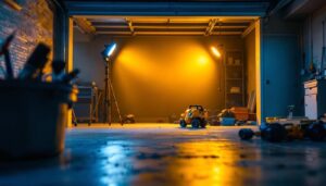 A photograph of a well-lit garage showcasing a lighting contractor installing bright