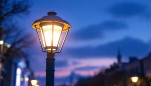 A photograph of a well-designed light pole light fixture illuminating a vibrant urban environment at dusk