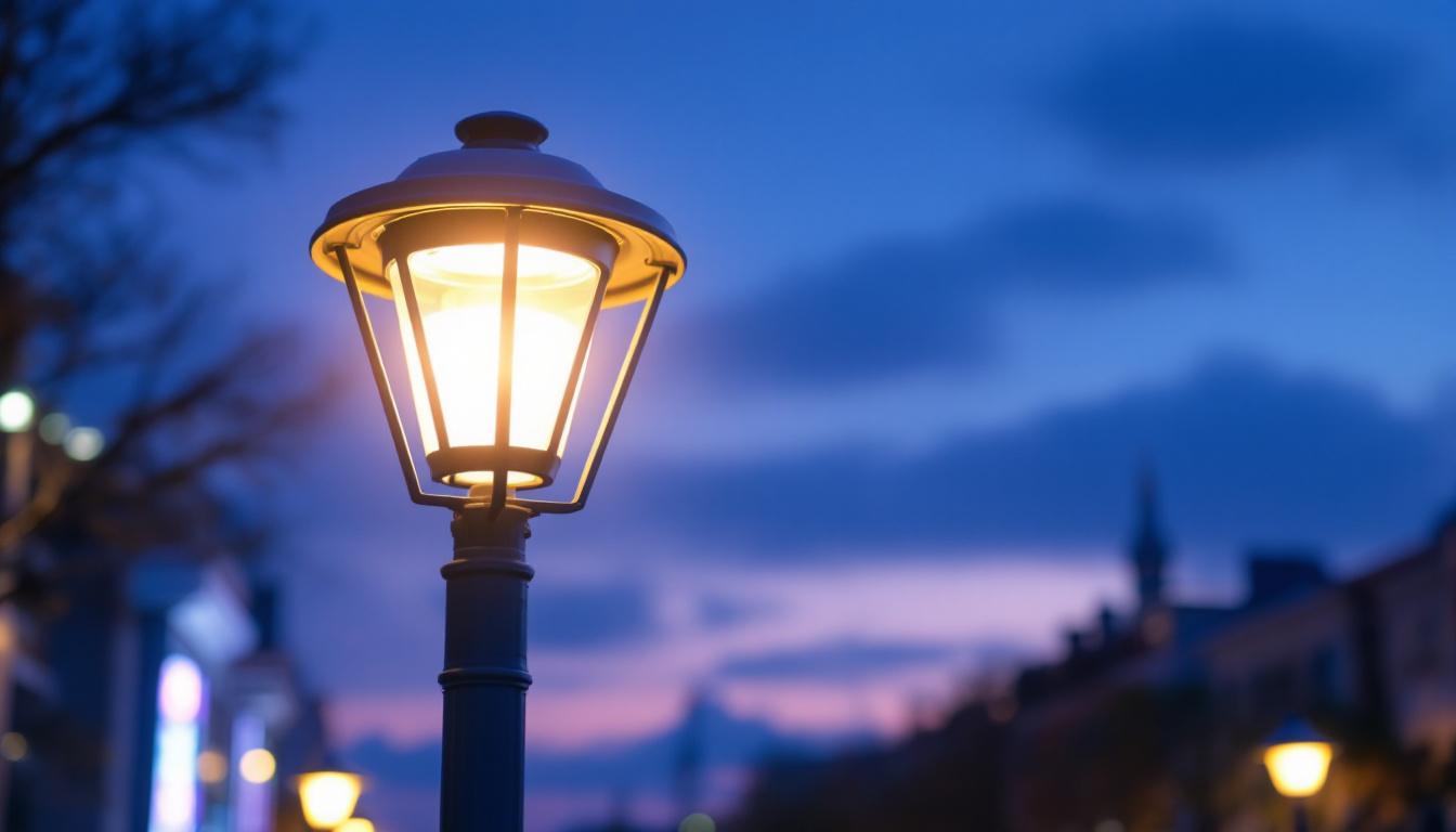 A photograph of a well-designed light pole light fixture illuminating a vibrant urban environment at dusk