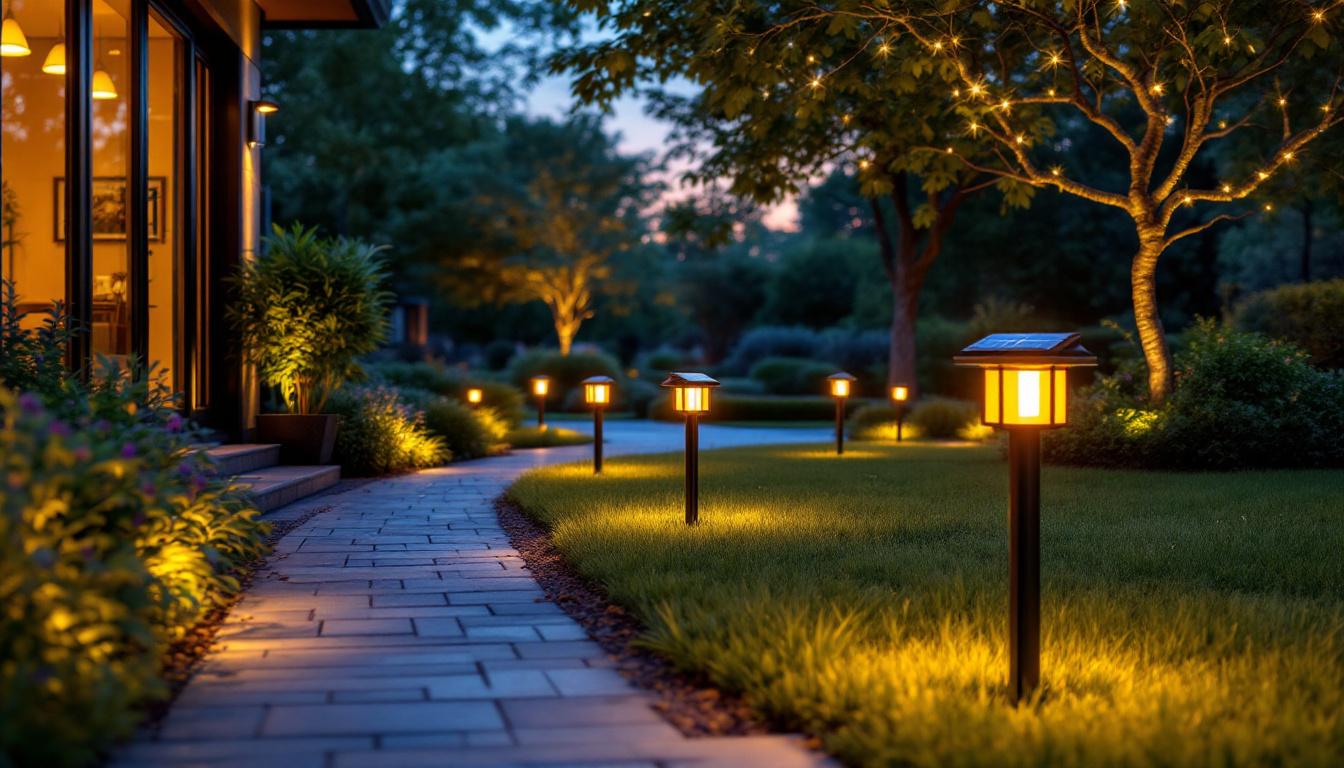 A photograph of a beautifully illuminated outdoor space featuring solar-powered ground lights