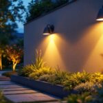 A photograph of a modern outdoor lighting installation showcasing a variety of stylish fixtures illuminating a beautifully landscaped garden at dusk