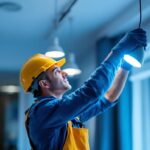 A photograph of a lighting contractor skillfully installing or adjusting modern lighting fixtures in a stylish interior space