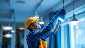 A photograph of a lighting contractor skillfully installing or adjusting modern lighting fixtures in a stylish interior space