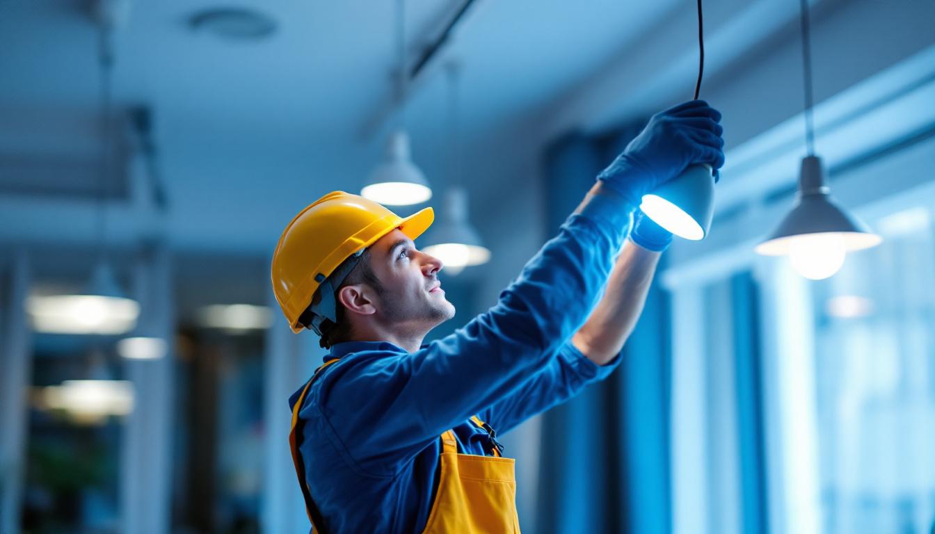 A photograph of a lighting contractor skillfully installing or adjusting modern lighting fixtures in a stylish interior space