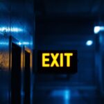 A photograph of a well-lit emergency exit sign in a commercial building