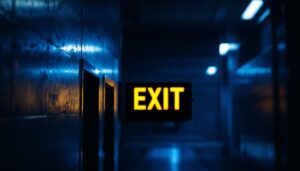 A photograph of a well-lit emergency exit sign in a commercial building