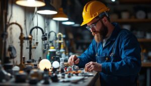 A photograph of a lighting contractor examining various replacement parts for outdoor lighting fixtures in a well-lit workshop