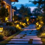 A photograph of a beautifully illuminated outdoor space featuring solar-powered lighting fixtures