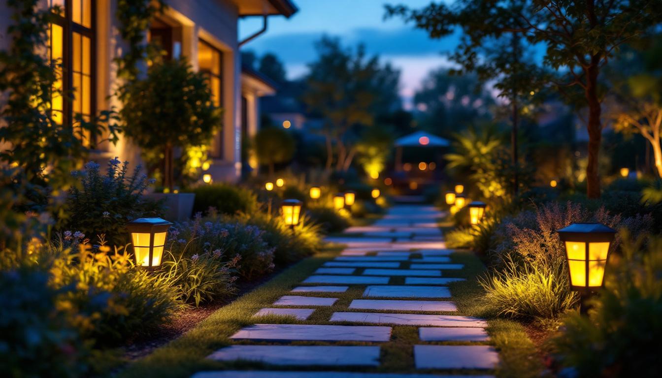 A photograph of a beautifully illuminated outdoor space featuring solar-powered lighting fixtures