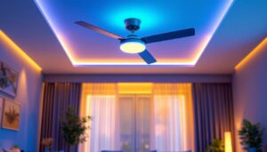 A photograph of a modern living space featuring a sleek ceiling fan with two integrated fans