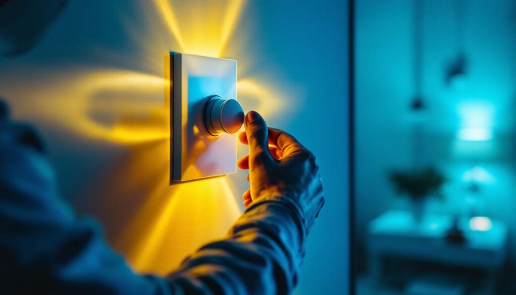 A photograph of a lighting contractor installing or adjusting a dimmer switch in a stylishly lit room