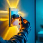 A photograph of a lighting contractor installing or adjusting a dimmer switch in a stylishly lit room