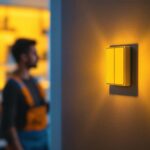 A photograph of a lighting contractor installing a led dimmable 3-way switch in a modern home setting