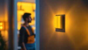 A photograph of a lighting contractor installing a led dimmable 3-way switch in a modern home setting