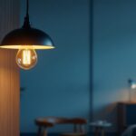 A photograph of a stylish hanging lamp pendant in a modern interior setting