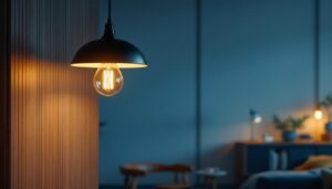 A photograph of a stylish hanging lamp pendant in a modern interior setting