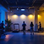 A photograph of a modern gym interior showcasing a variety of effective lighting solutions