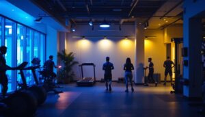 A photograph of a modern gym interior showcasing a variety of effective lighting solutions