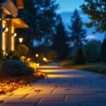 A photograph of a well-lit driveway at dusk