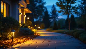 A photograph of a well-lit driveway at dusk