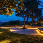 A photograph of a beautifully illuminated outdoor space featuring linear lighting installations