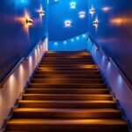 A photograph of a beautifully illuminated indoor staircase