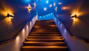 A photograph of a beautifully illuminated indoor staircase