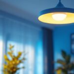 A photograph of a stylish modern ceiling lamp installed in a well-lit