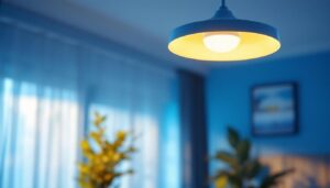 A photograph of a stylish modern ceiling lamp installed in a well-lit
