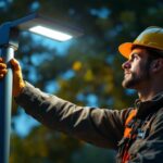 A photograph of a lighting contractor installing a sleek
