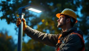 A photograph of a lighting contractor installing a sleek
