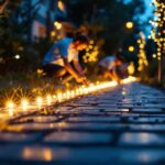 A photograph of a well-lit outdoor setting featuring a team of people installing or adjusting solar strip lights along a pathway or garden